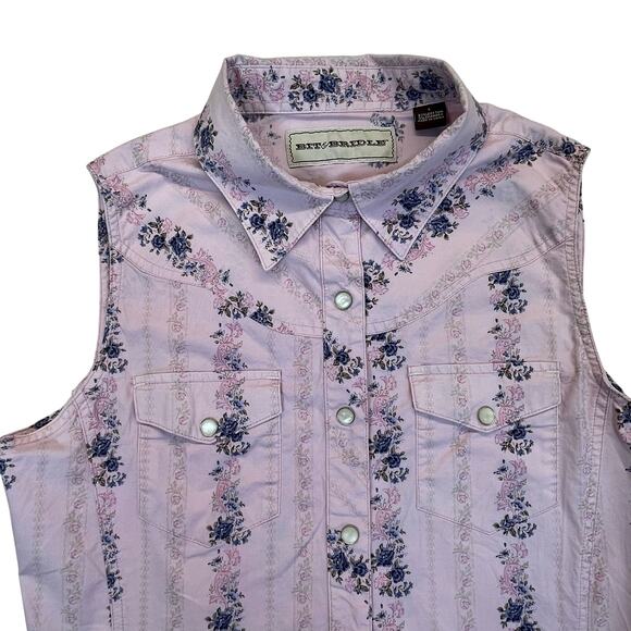 Bit & Bridle women’s western shirt pearl snap buttons sm boho pink blue floral - Picture 2 of 8